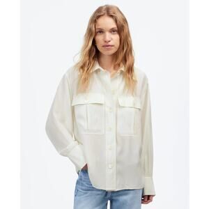 Madewell Silk Utility-Pocket Button-Up Shirt WMNS S Cream Long Sleeve Oversized